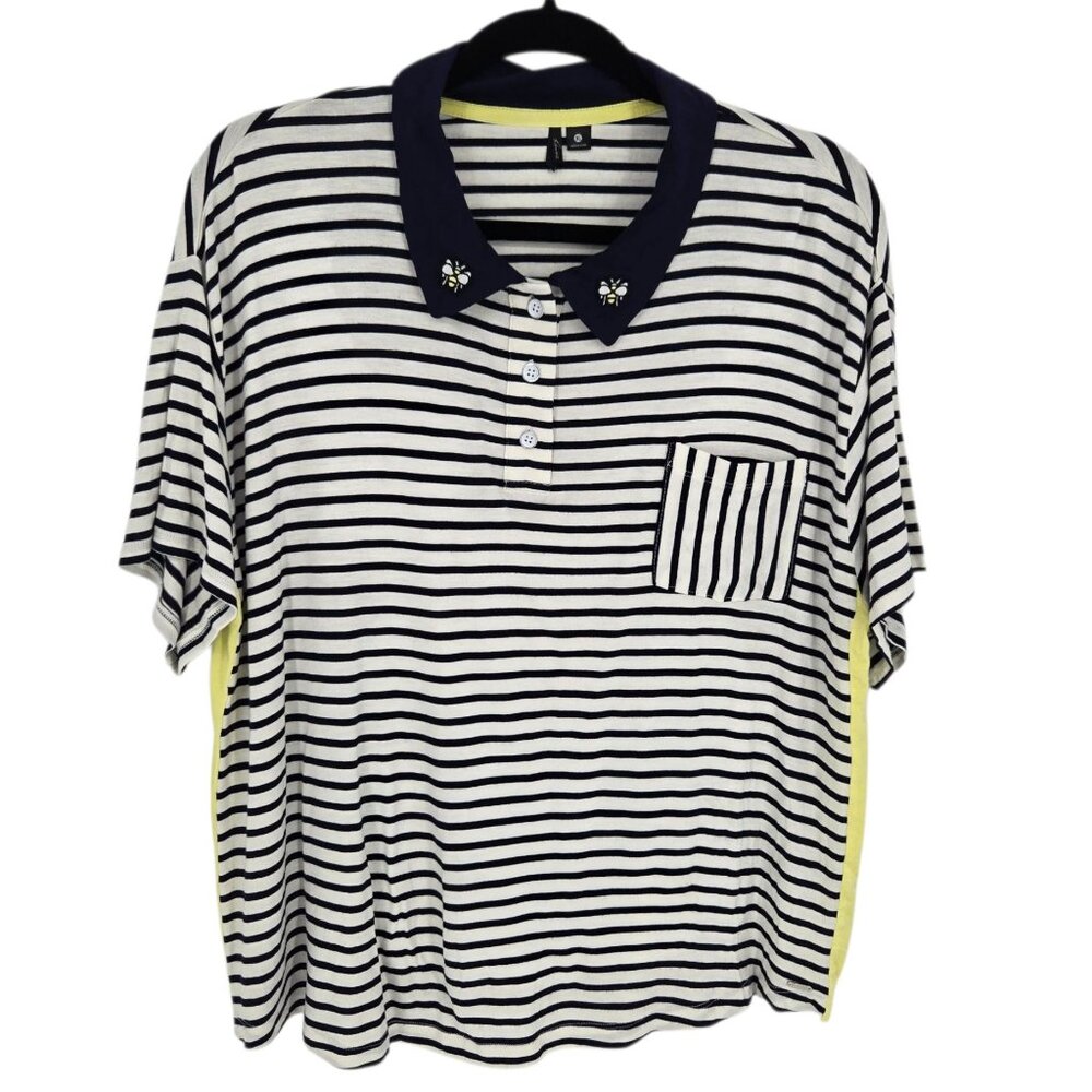 Kensie womens size XL navy stripe yellow bee embroidered collared short sleeve